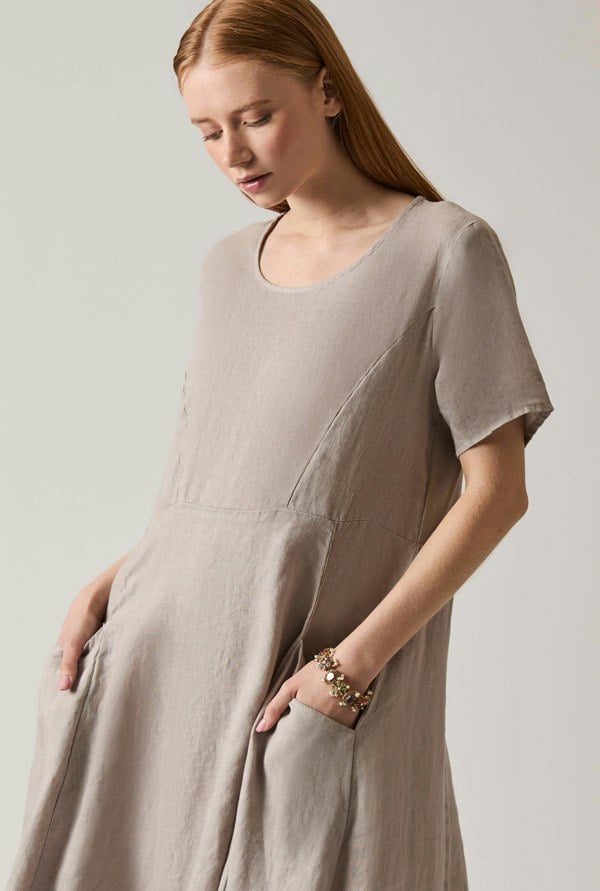 Taupe linen midi dress with pockets
