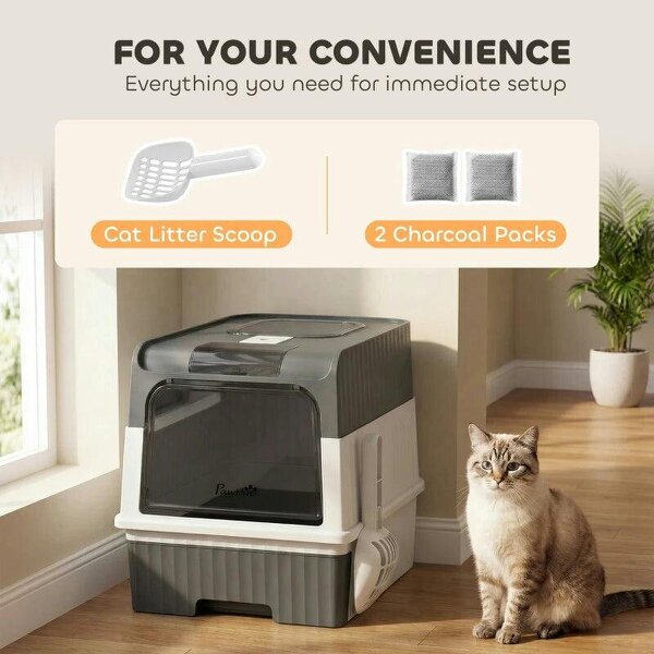 Enclosed Cat Litter Box with Lid, Pull-Out Drawer Tray, Scoop, 2 Deodorisation Bags, Front Entry & Top Exit, Grey