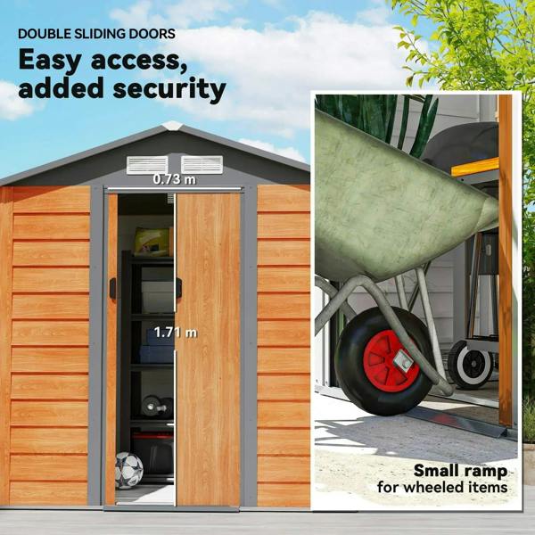 Metal garden shed with double sliding doors, open entry and interior storage view