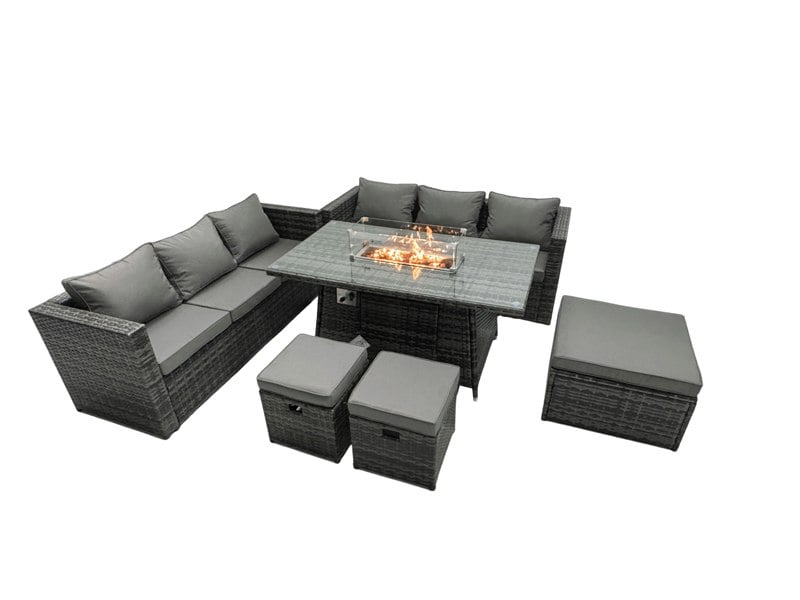 Fimous Rattan Garden Furniture Firepit Dining Set 6 Seater Lounge Sofa Table Set with 3 Footstool