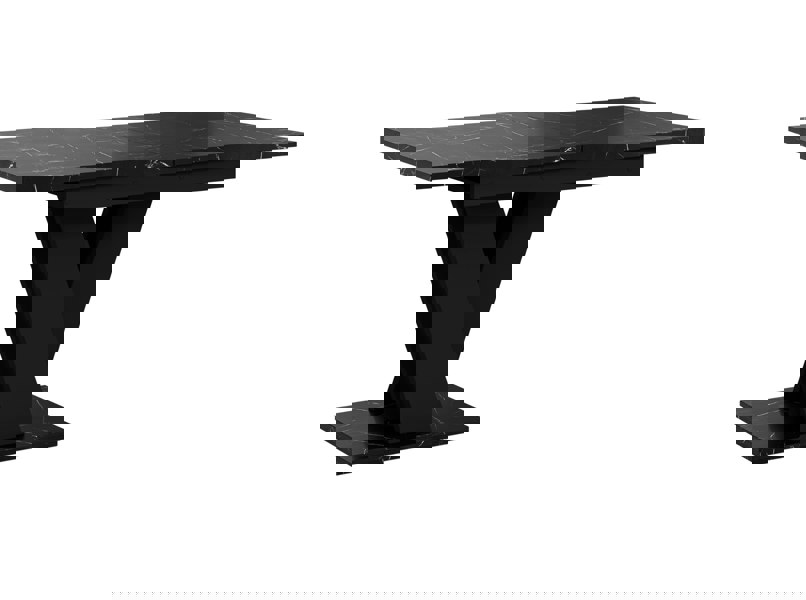 Luxury dining room table with black royal marble effect and black structure.