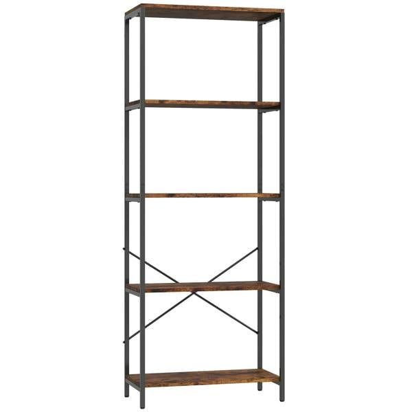 Tall metal shelving unit with rustic wood shelves and black frame, 4 tiers