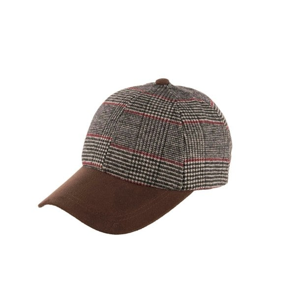 Plaid cap with brown brim on a white background