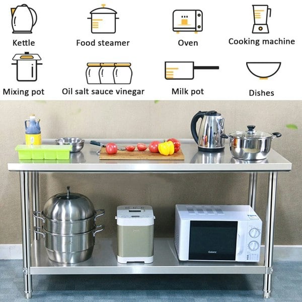 2 Tiers Commercial Kitchen Prep Table Stainless Steel Work Table Commercial Work Tables Living and Home