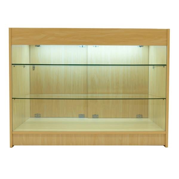 Maple Aries LED shop counter set featuring a sleek design with glass shelves, illuminated interior, and a smooth wood finish