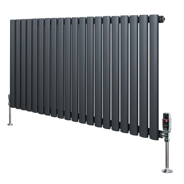 Oval single column radiator in anthracite grey, 600mm x 1200mm, featuring a sleek design with vertical tubes and stylish valves