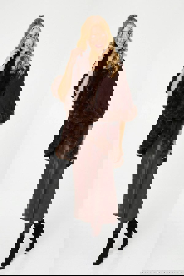 Brown | Faux Fur Trim Layered Poncho
