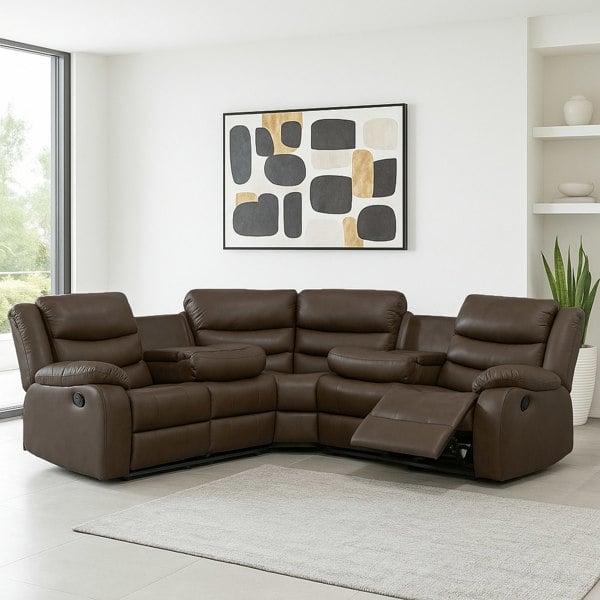 Furnishings For Less Leather 5 Seater Reclining Corner Sofa + Drinks Tray