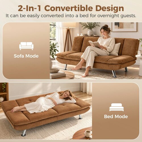 HOMCOM Sofa Bed, Chenille Fabric 3 Seater Futon Sofa Bed, Wide Seat, Brown