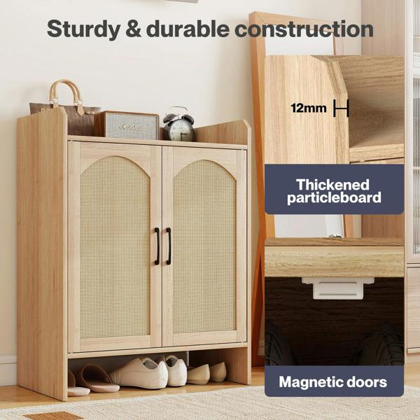 Levede Shoe Cabinet 5-Layer Rattan Double Wooden Doors White Entrance Storage