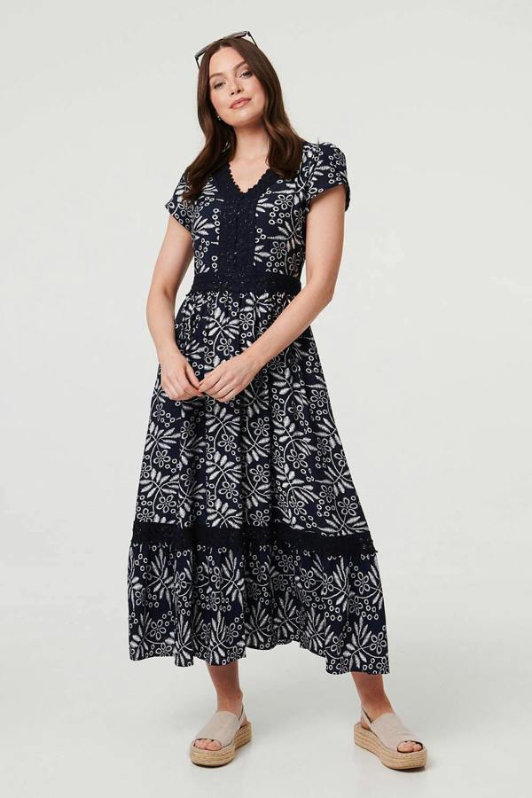 Navy | Leaf Print Lace Trim V-Neck Midi Dress
