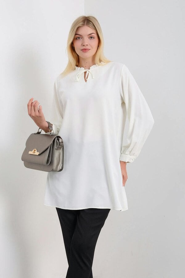 Hoxton Gal Oversized Tunic with Ruffle Neck Detailed in White