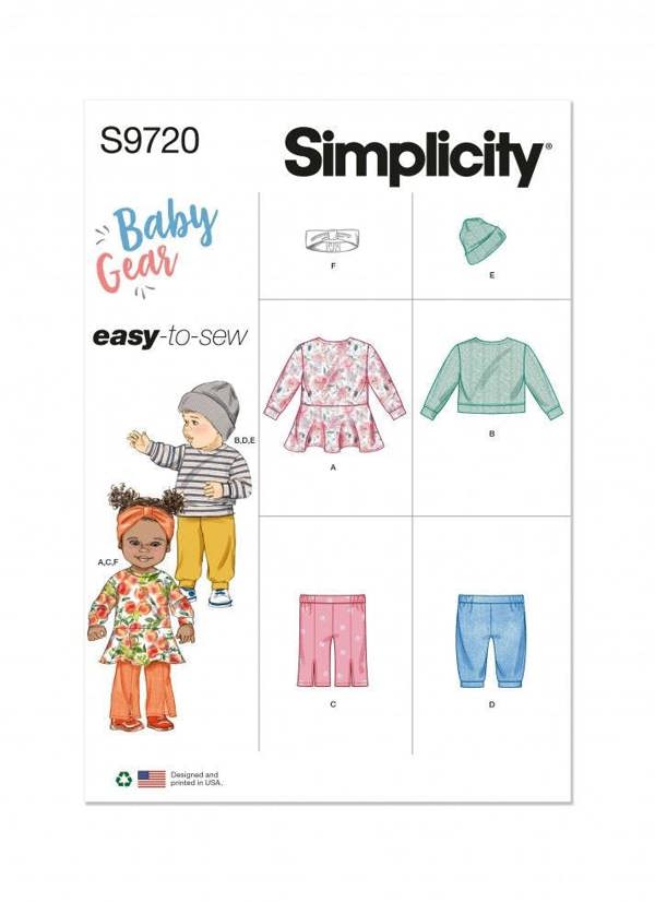 Simplicity Sewing Pattern 9720, Dresses, Tops, Trousers, Headwear for Baby, A (S-M-L-XL) - Easy