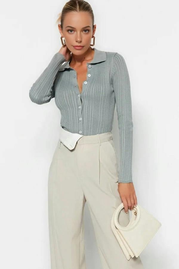 WOVCOR Mercerized Look Ribbed Polo Neck Knit Cardigan