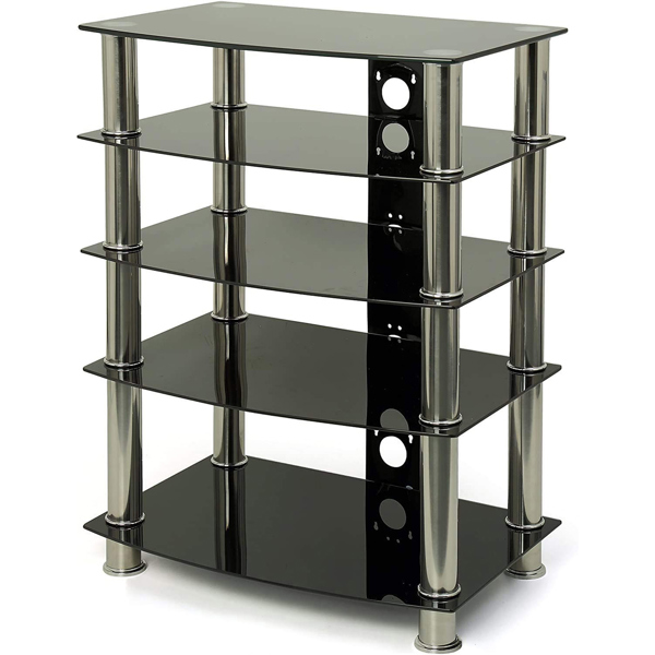Homeology Galago 5-Shelf Premium Black Glass with Silver Legs AV Rack