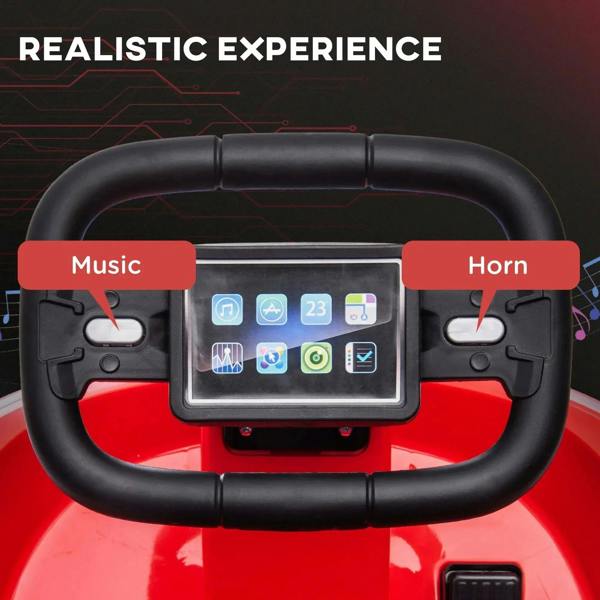 Red electric kids bumper car steering wheel with display and control buttons.