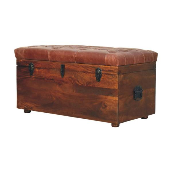 Artisan Furniture Solid Wood Brown Buffalo hide leather Storage Trunk