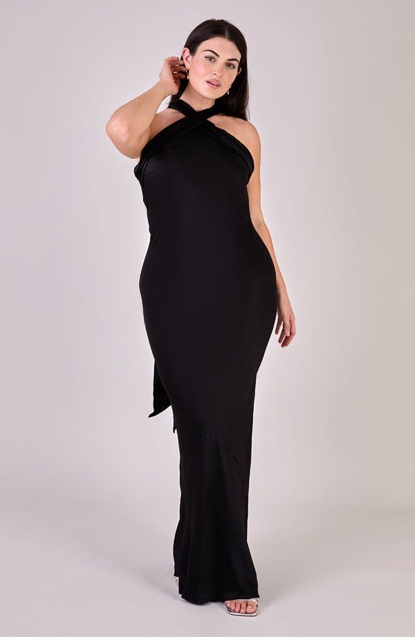 Rewritten London Roma Dress in Black Satin
