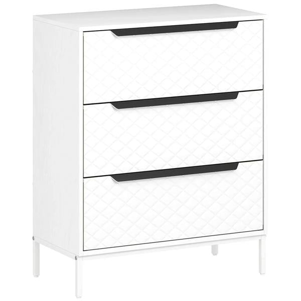 White dresser with three fabric drawers and black aluminum handles