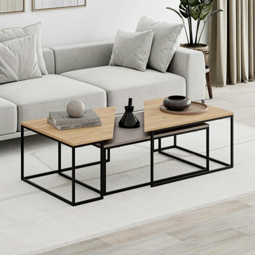 Decortie Modern OhLady Coffee Table 3-Piece Centre Table 110(W)cm Metal Frame Legs Living Room - Mocha-Oak