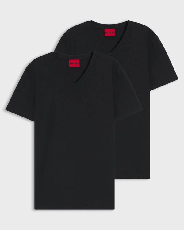 HUGO - V 2 - Pack Mens V - Neck T - Shirts in Stretch Cotton - Black 001 | CHO | Designer Mens Short Sleeve Polo Shirts