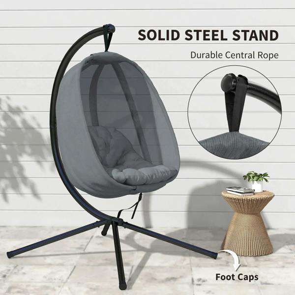 Grey hanging egg chair stand with central rope and mesh seat