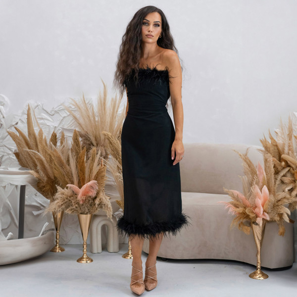 BALOU Ostrich Feather Trimmed Dress - Black