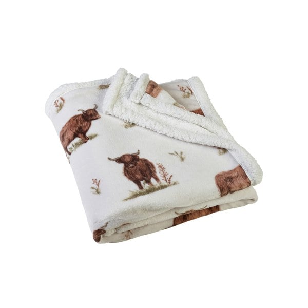 Catherine Lansfield Angus Highland Cow Cosy Fleece Blanket Throw Natural
