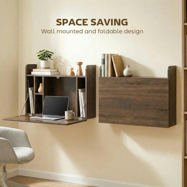Wall Mounted Desk, Drop Leaf Floating Laptop Desk with Space Saving Storage Compartments for Home Office, Dark Brown