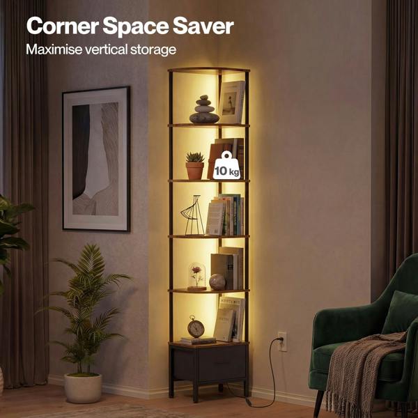 Levede Corner Bookcase Tall Corner Shelf Unit 6-Tier with LED Light Drawer Brown