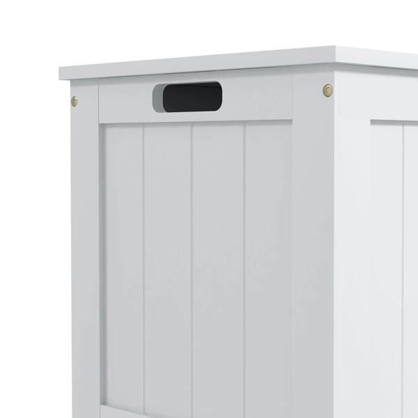 White storage chest with oval cut-out handle on the front of the lid