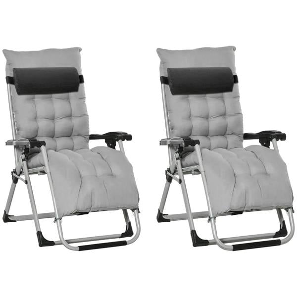 Light grey reclining zero gravity lounge chair with padded seat and headrest cushions
