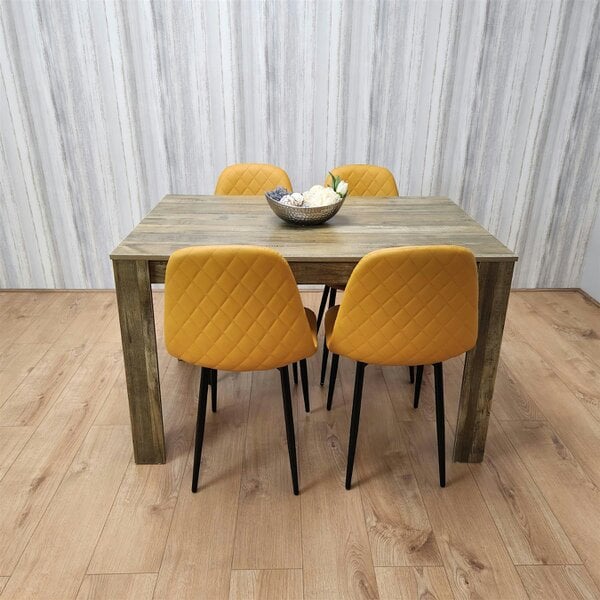 Kosy Koala Dining Table and 4 Chairs Rustic Effect Table with 4 Mustard Gem Patterned Chairs