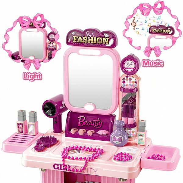deAO Toys Girls Makeup Table & Suitcase – Portable Vanity Play Set with Light, Music & Accessories, Pretend Makeup Kit for Kids 3+, Great for Travel