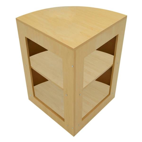 Maple Helios LED shop counter set with a curved top, two open shelves, and a smooth wood finish, ideal for retail displays