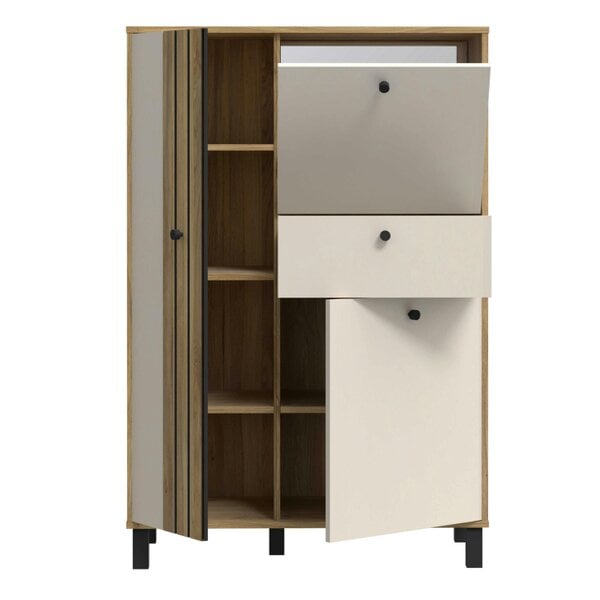 Wyld Haus Pebblethorn Cream and Natural Oak Wood 3 Door 1 Drawer Cabinet