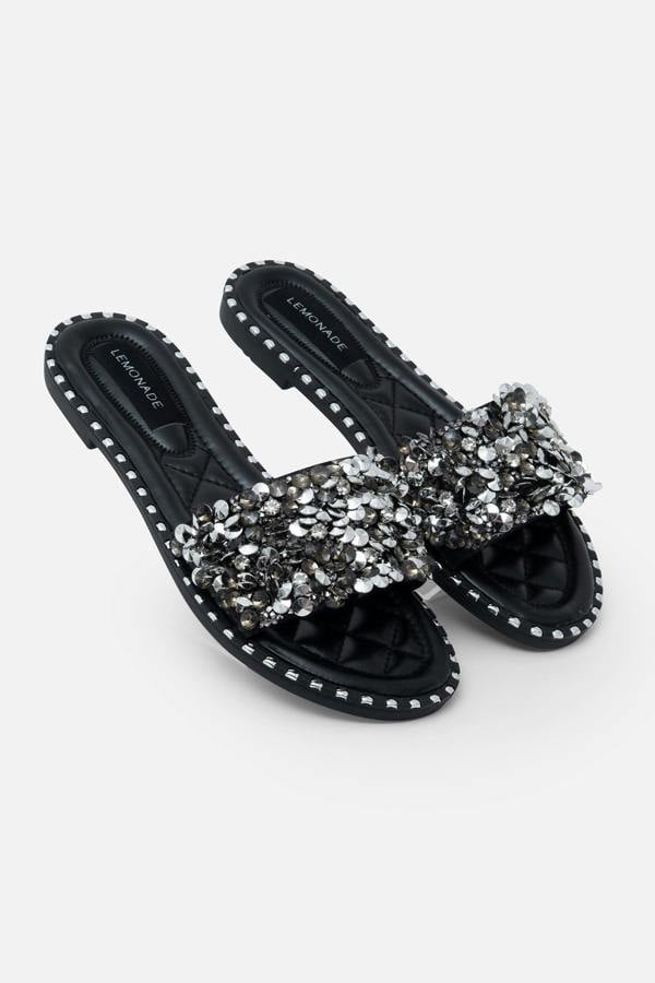 Crystal Clustered Sliders Black Diamond, featuring flat Sole