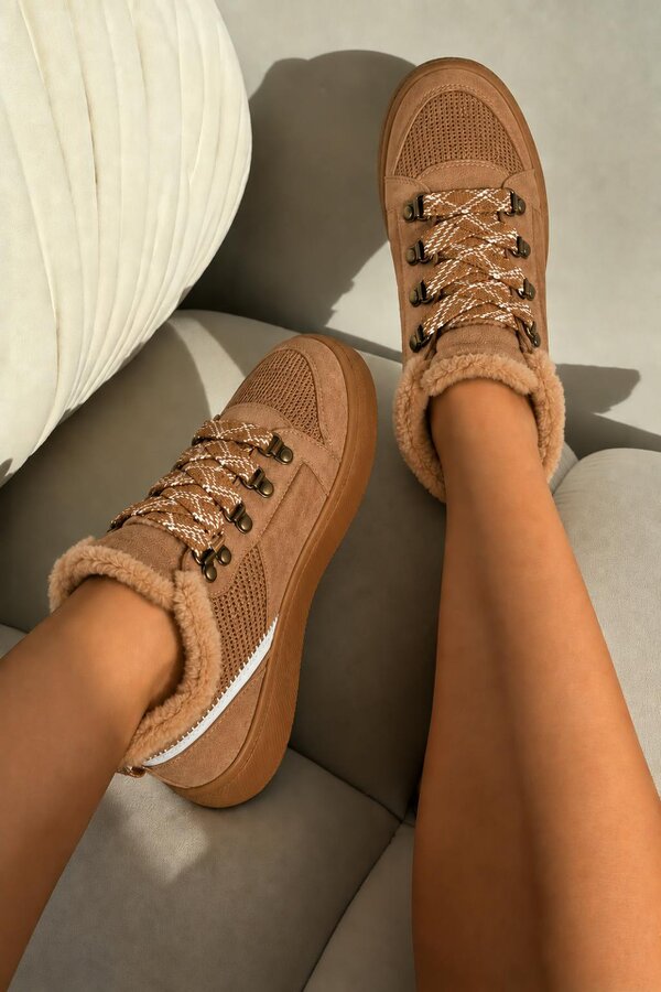 Love Lemonade Hudson Comfort Faux Suede Check Lace Faux Fur Lined Trainers Camel