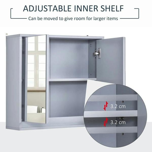 Grey mirror cabinet interior showing adjustable shelf across compartments