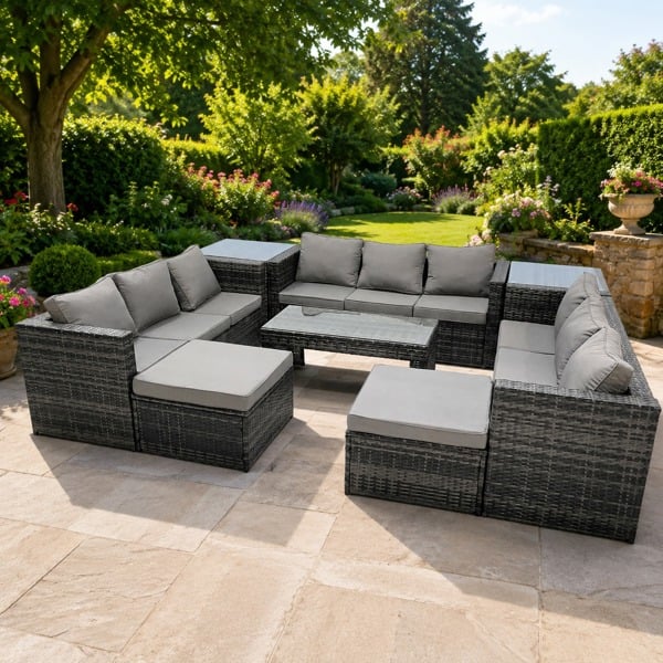 Fimous Outdoor Garden Furniture Set 8 Pieces Rattan Sofa Set with Coffee Table 2 Big Footstools Side Table Dark Grey Mixed