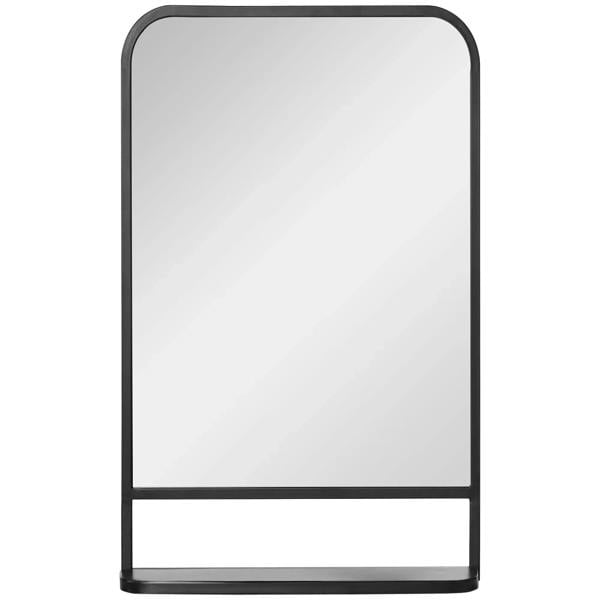 Black square wall mirror with bottom storage shelf and rounded frame