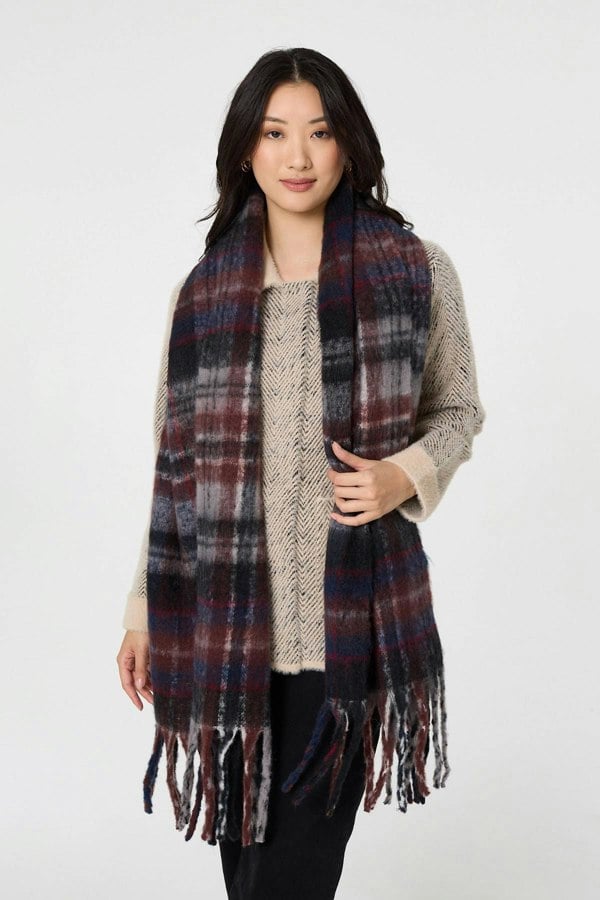Grey | Tartan Print Oversized Fringed Scarf
