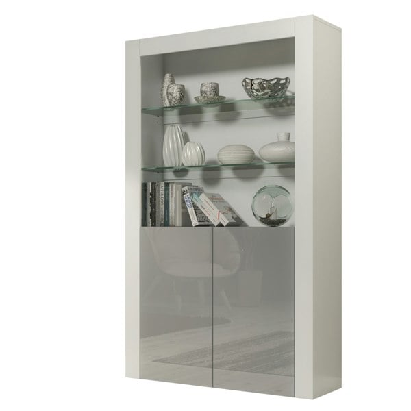 Mex Furniture Tall Display Cabinet 170cm White Matt Body and Grey Gloss Doors – Modern Open Shelving Unit