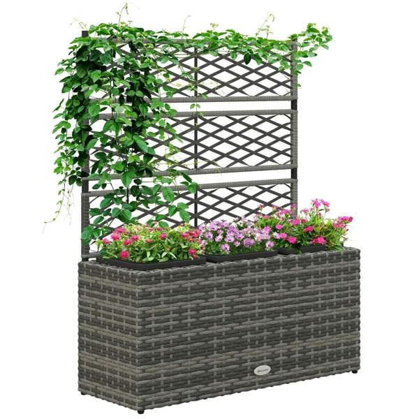 Light grey rattan-style raised planter with lattice trellis and flower basket