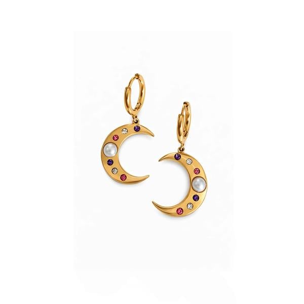 Gold moon-shaped earrings with colorful gemstones on a white background