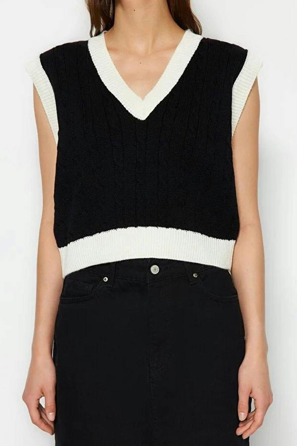 WOVCOR Crop Color-Block Hair Knit Sweater