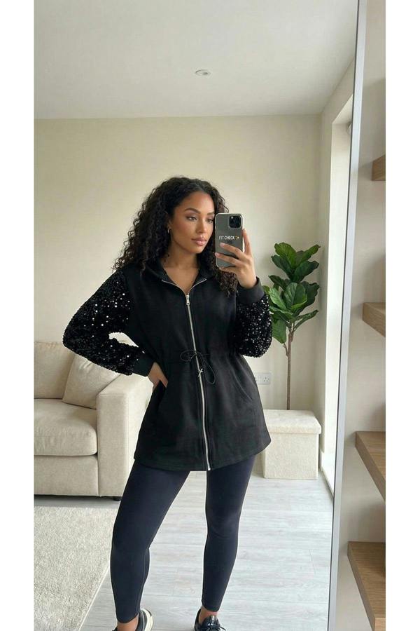 Evalora Zip Up Hoodie With Sequin Sleeve Detail - Wine