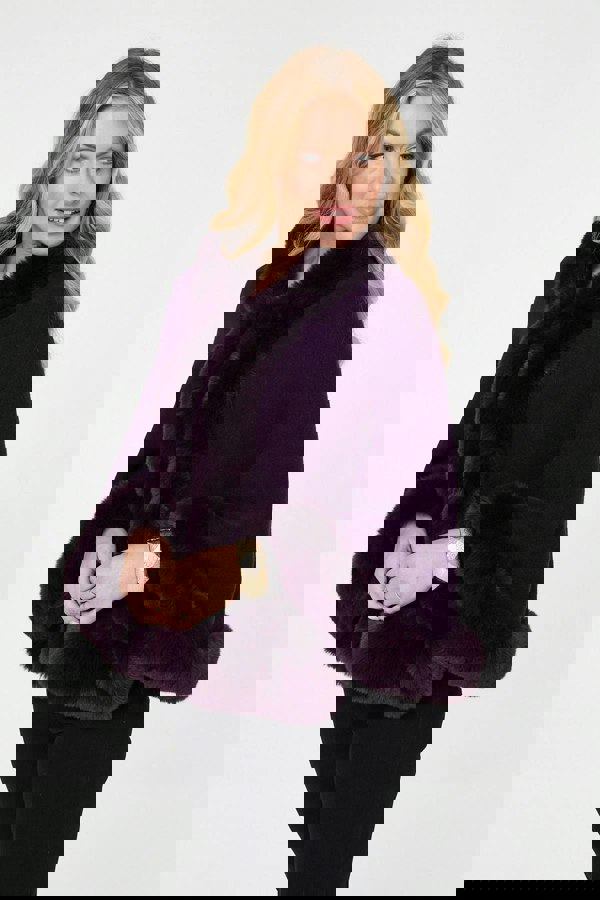 Purple | Faux Fur Trim Batwing Poncho
