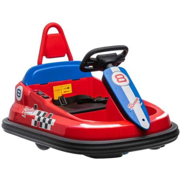 Red electric kids bumper car with blue steering panel and black steering wheel.