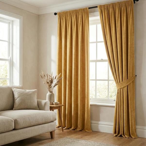 Braga made-to-measure curtains in Sandstorm, styled in a living room